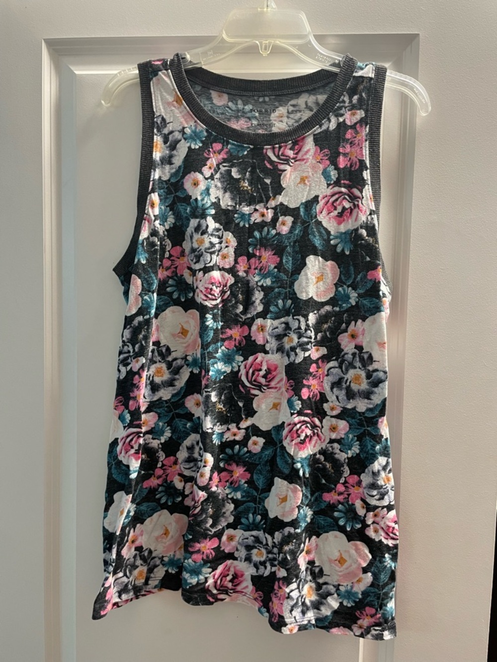 torrid Black Floral Sleeveless Tank with Pink and Teal Blooms